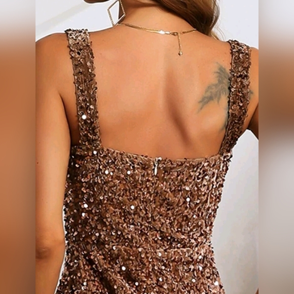 New Glam Sequin Stretch Velvet Long Midi Dress Mocha Brown Gold - Picture 6 of 9